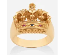 Anello Crown Con Corona In Oro Giallo, Rubini E Zaffiro - Uomo Anelli Oro