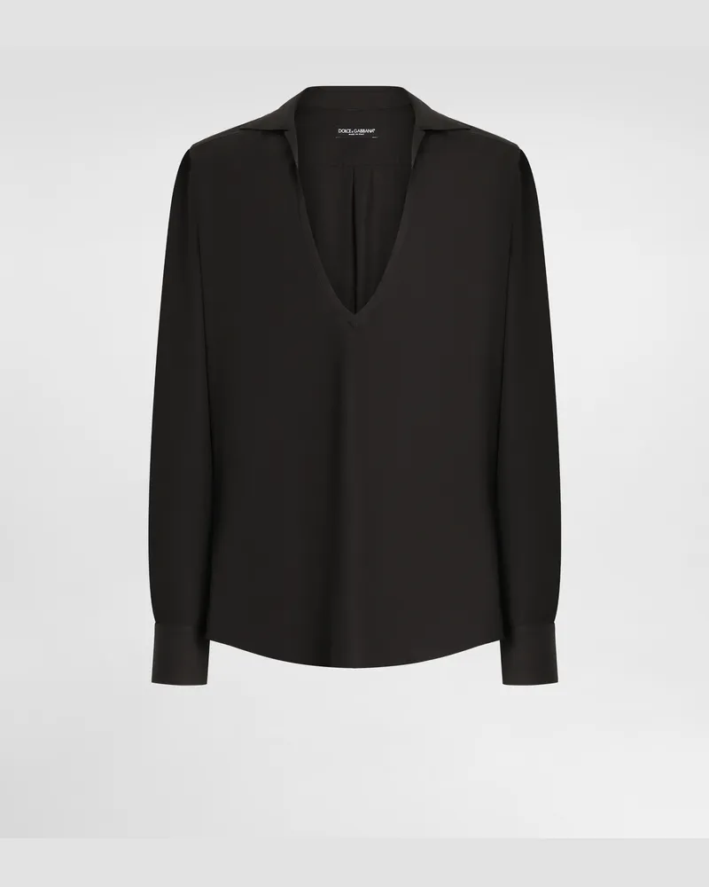 Dolce & Gabbana Camicia Manica Lunga Scollo A V In Popeline Di Cotone - Uomo Camicie Nero Cotone Nero