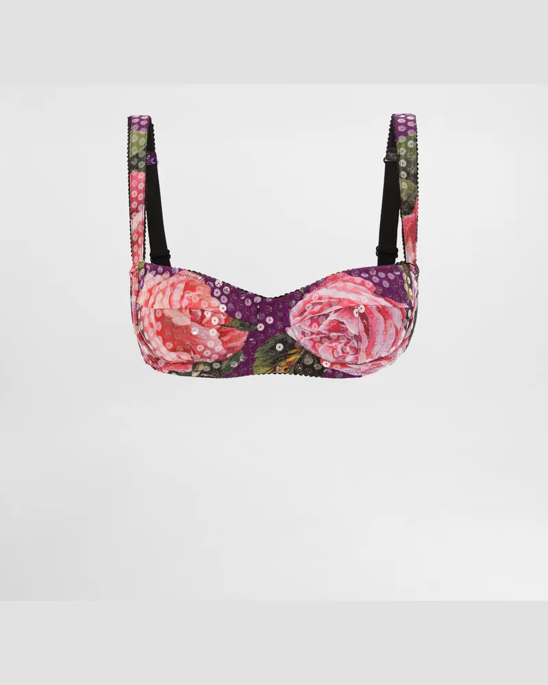 Dolce & Gabbana Reggiseno A Balconcino In Cady Ricamo Paillettes Stampa Rose - Donna Intimo Stampa Stampa