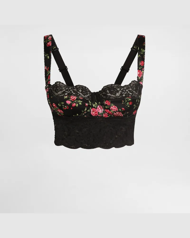 Dolce & Gabbana Balconcino In Raso Stretch E Pizzo Stampa Mazzolini Di Rose - Donna Intimo Multicolore Multicolore