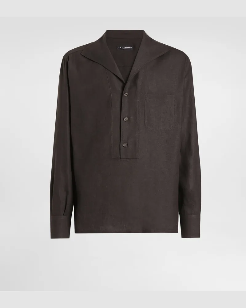 Dolce & Gabbana Camicia Tre Bottoni Manica Lunga In Lino - Uomo Camicie Marrone Lino Marrone