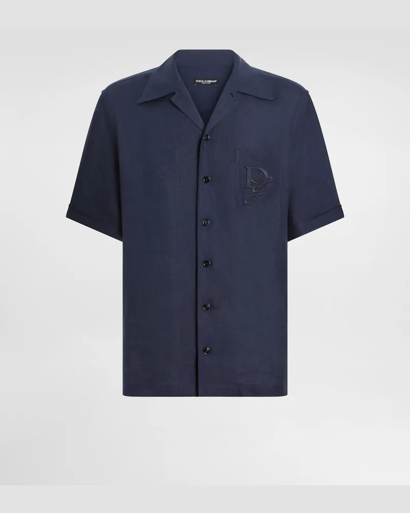 Dolce & Gabbana Camicia In Lino Con Logo Ricamato - Uomo Camicie Blu Blu