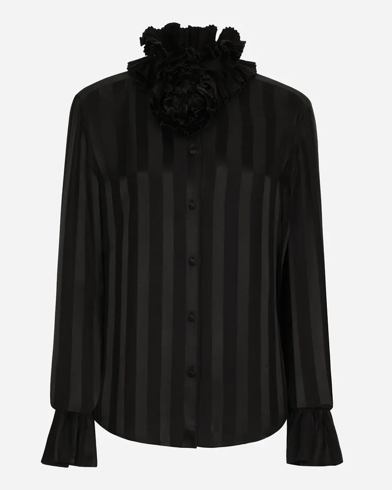 Dolce & Gabbana Camicia Di Seta Jacquard Con Collo E Polsini Plissettati - Donna Camicie E Top Nero Nero