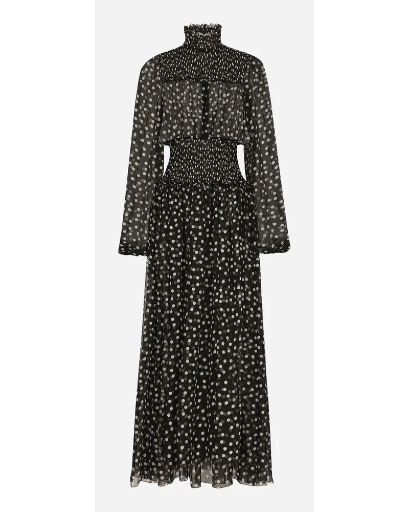 Dolce & Gabbana Abito Longuette Con Punto Smock In Chiffon Stampa Micro Pois - Donna Abiti Stampa Stampa