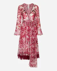 Dolce & Gabbana Abito Midi In Chiffon Stampa Maiolica - Donna Abiti Fucsia Seta Tris