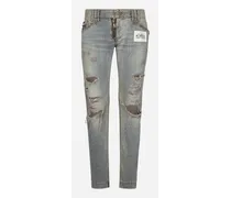Jeans In Denim Lavato Con Rotture - Uomo Denim Multicolore Denim