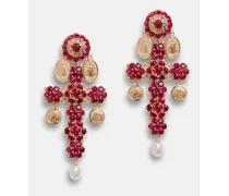 Family Yellow Gold Cross Pendant Earrings With Rubies - Donna Orecchini Oro