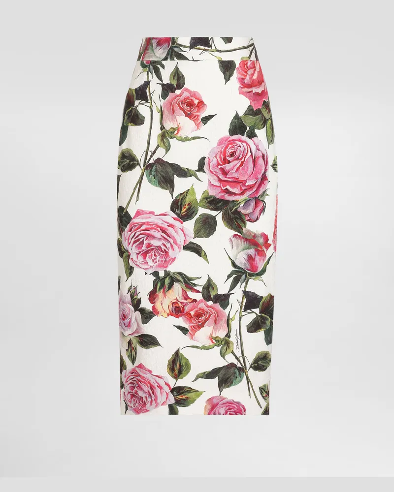 Dolce & Gabbana Gonna Longuette In Cotone Jacquard Stampa Rose - Donna Gonne Stampa Stampa