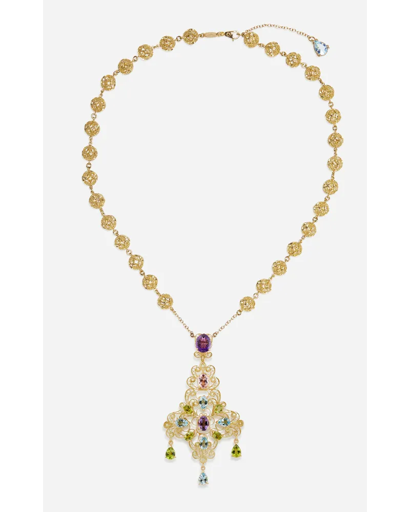 Dolce & Gabbana Pizzo Necklace In Yellow Gold Filigree With Amethysts, Aquamarines, Peridots And Morganite - Donna Collane Oro Oro Oro