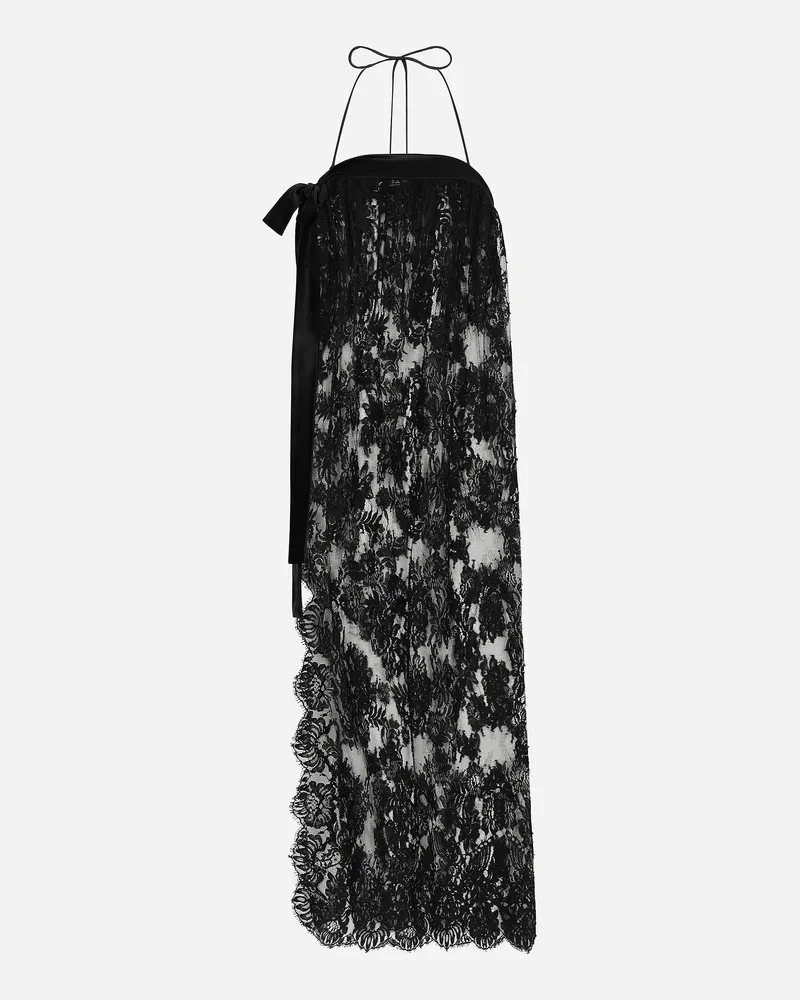 Dolce & Gabbana Abito Longuette In Pizzo Chantilly Con Dettagli In Raso - Donna Abiti Nero Nero