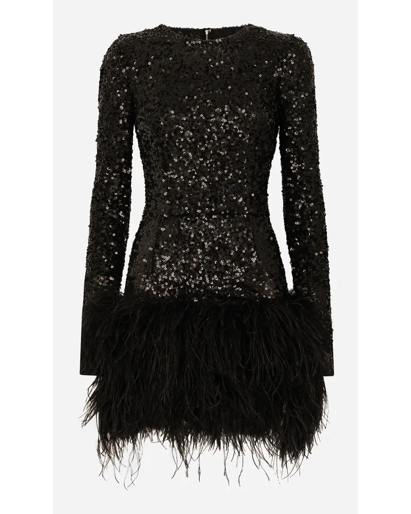 Dolce & Gabbana Abito Corto In Paillettes Con Bordo In Piume - Donna Abiti Nero Nero