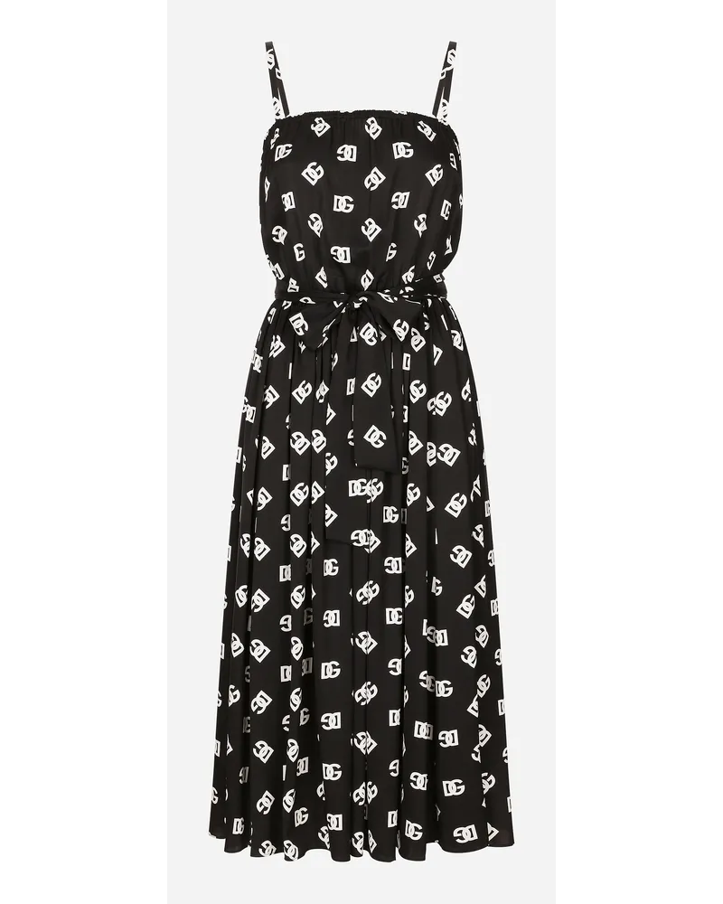 Dolce & Gabbana Abito Longuette In Charmeuse Stampa Logo Dg Allover - Donna Abiti Nero Dg