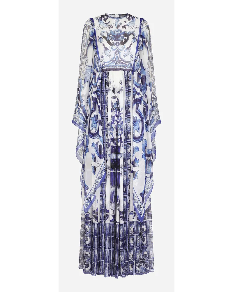 Dolce & Gabbana Abito Lungo In Chiffon Stampa Maiolica - Donna Abiti Blu Seta Tris
