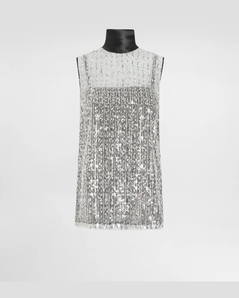 Dolce & Gabbana Top Collo Alto In Tulle Con Ricamo Paillettes - Donna Camicie E Top Argento Argento