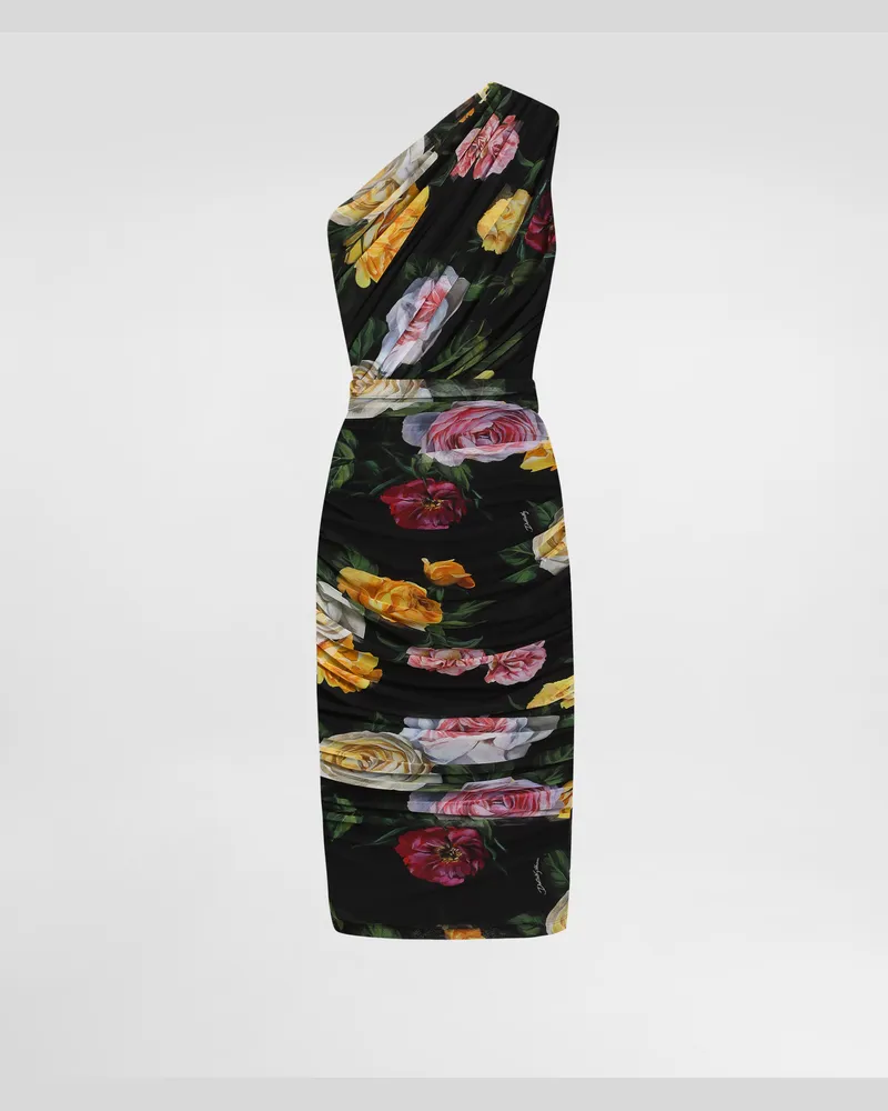 Dolce & Gabbana Abito Longuette Monospalla In Tulle Stampa Peonie E Rose - Donna Abiti Stampa Stampa