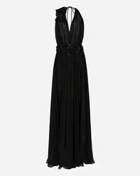 Dolce & Gabbana Abito Lungo In Chiffon Di Seta Con Fiori Applicati - Donna Abiti Nero Seta Nero