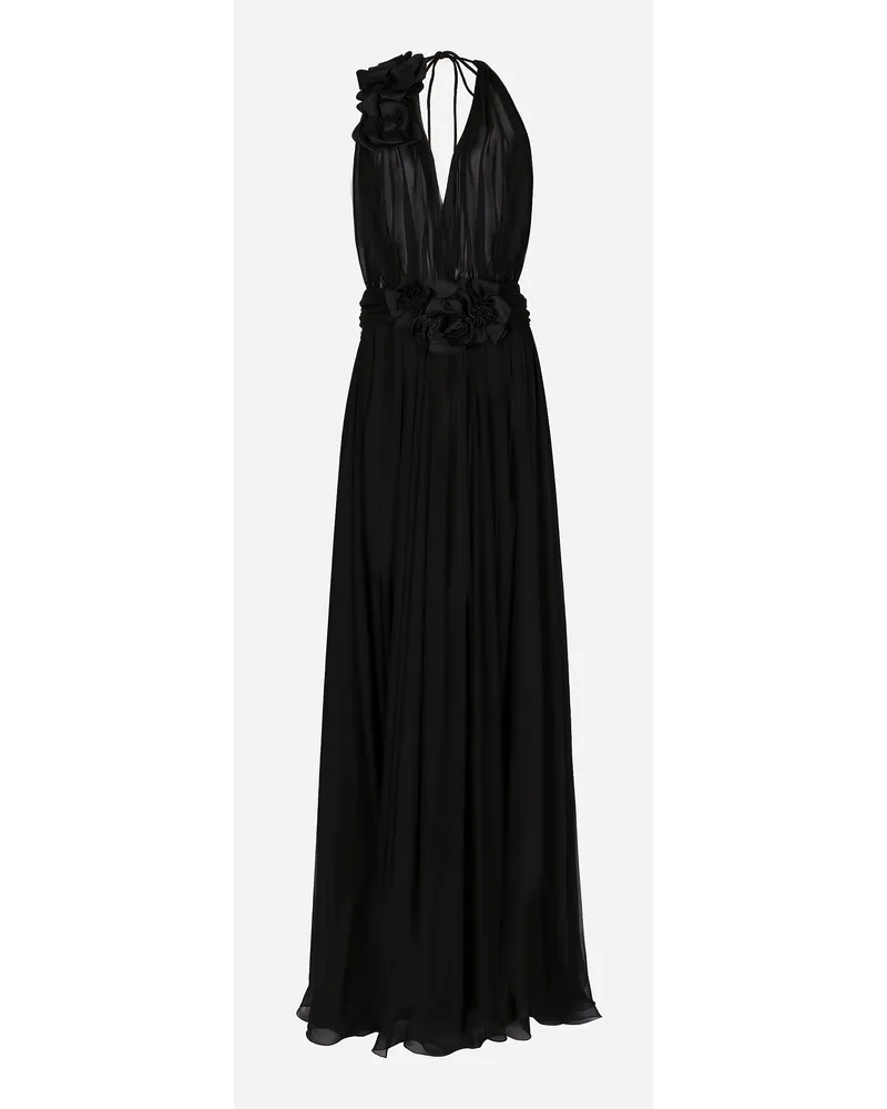 Dolce & Gabbana Abito Lungo In Chiffon Di Seta Con Fiori Applicati - Donna Abiti Nero Seta Nero