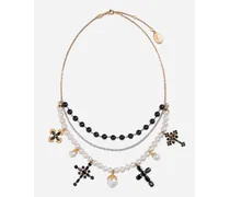 Family Necklace In Yellow And White Gold Black Sapphires - Donna Collane Oro Metallo
