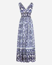 Dolce & Gabbana Abito Lungo In Popeline Stampa Maiolica - Donna Abiti Blu Cotone Tris