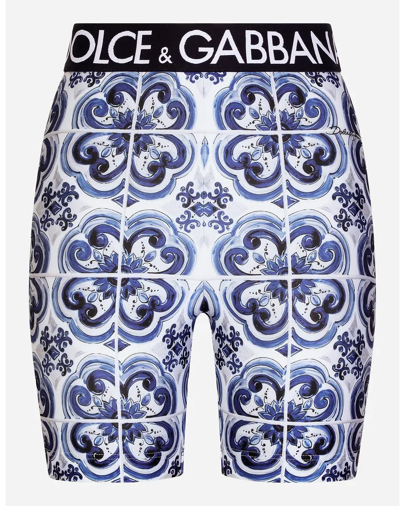 Dolce & Gabbana Ciclista In Jersey Stampa Maiolica - Donna Pantaloni E Shorts Blu Maiolica