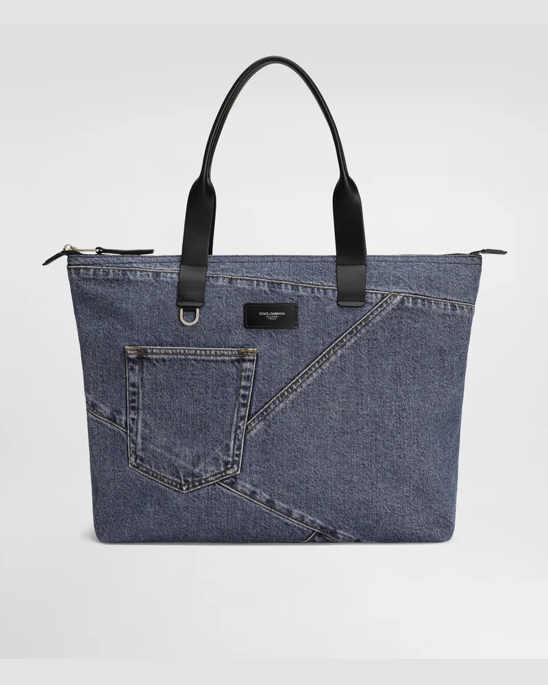Dolce & Gabbana Shopping Bag Media In Patch Denim - Uomo Borse Shopping Blu Blu