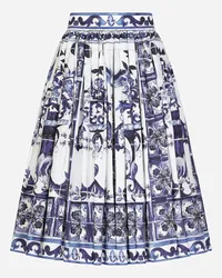 Dolce & Gabbana Gonna Midi In Popeline Stampa Maiolica - Donna Gonne Blu Cotone Tris