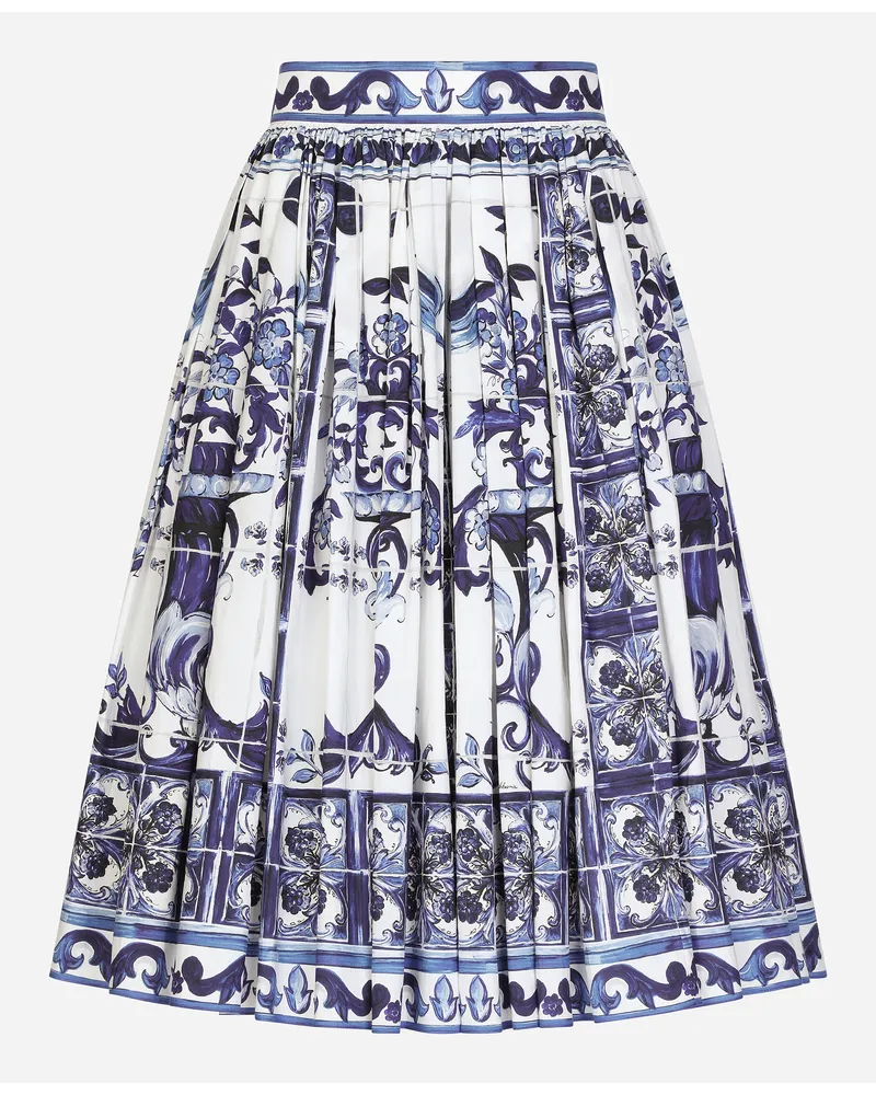 Dolce & Gabbana Gonna Midi In Popeline Stampa Maiolica - Donna Gonne Blu Cotone Tris