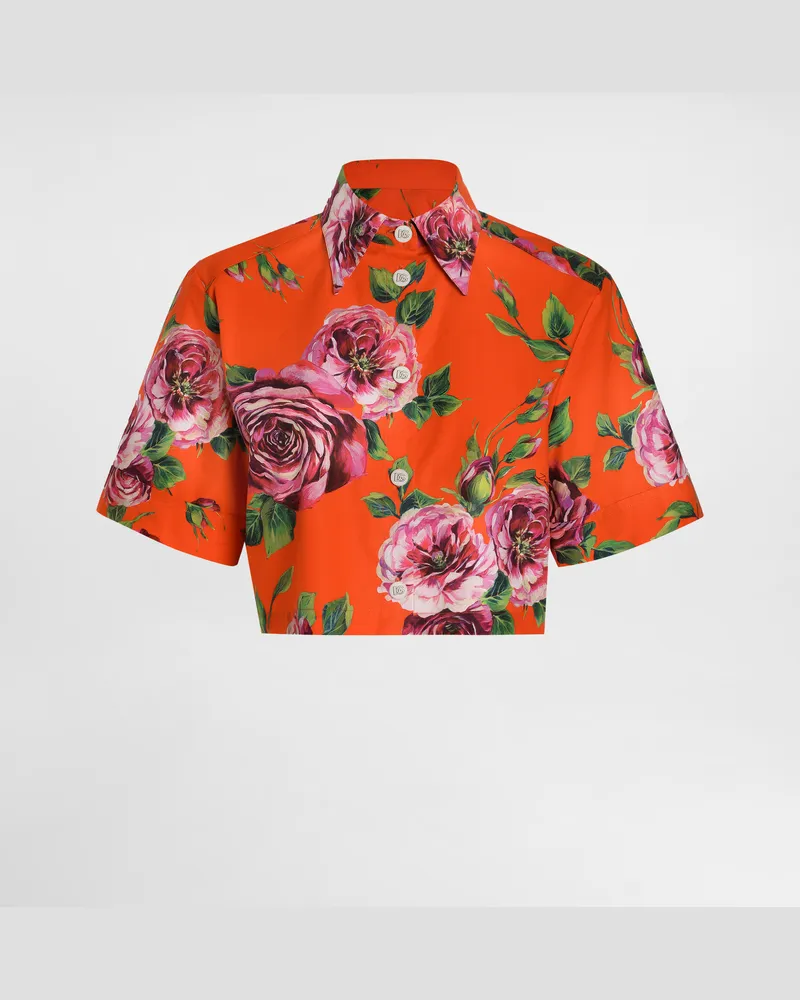 Dolce & Gabbana Camicia Corta In Cotone Stampa Rosa Antica - Donna Camicie E Top Stampa Stampa