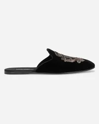 Dolce & Gabbana Velvet Slippers With Coat Of Arms Embroidery - Uomo Sandali E Slide Nero Velluto Nero