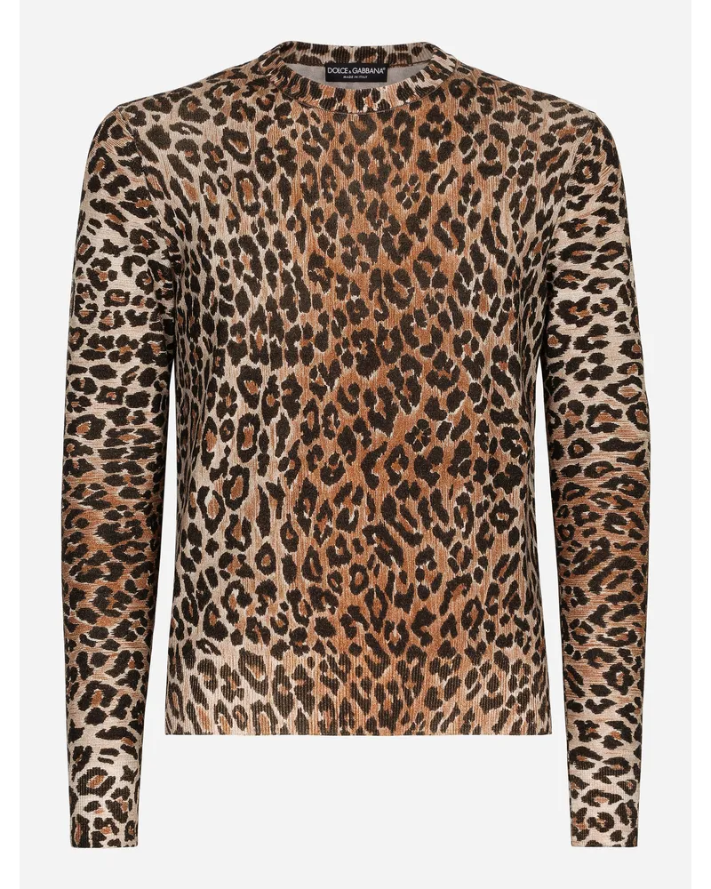 Dolce & Gabbana Maglia Girocollo In Lana Stampa Leopardo - Uomo Maglieria Stampa Animalier Lana Leo