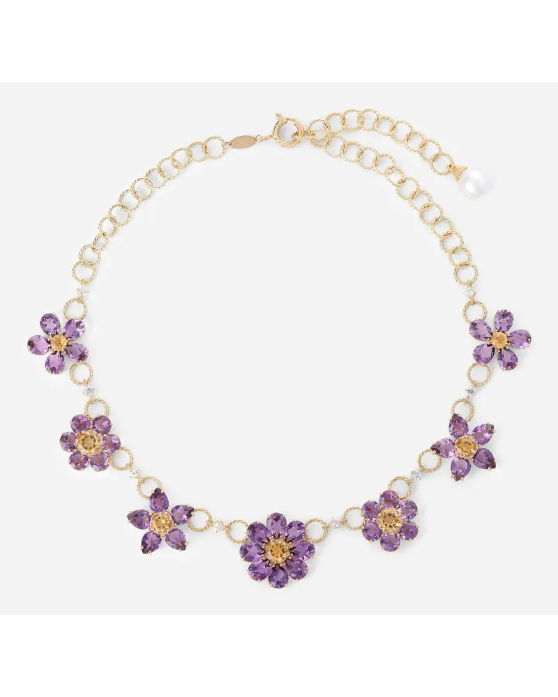 Dolce & Gabbana Spring Necklace In Yellow 18kt Gold With Amethyst Floral Motif - Donna Collane Oro Oro