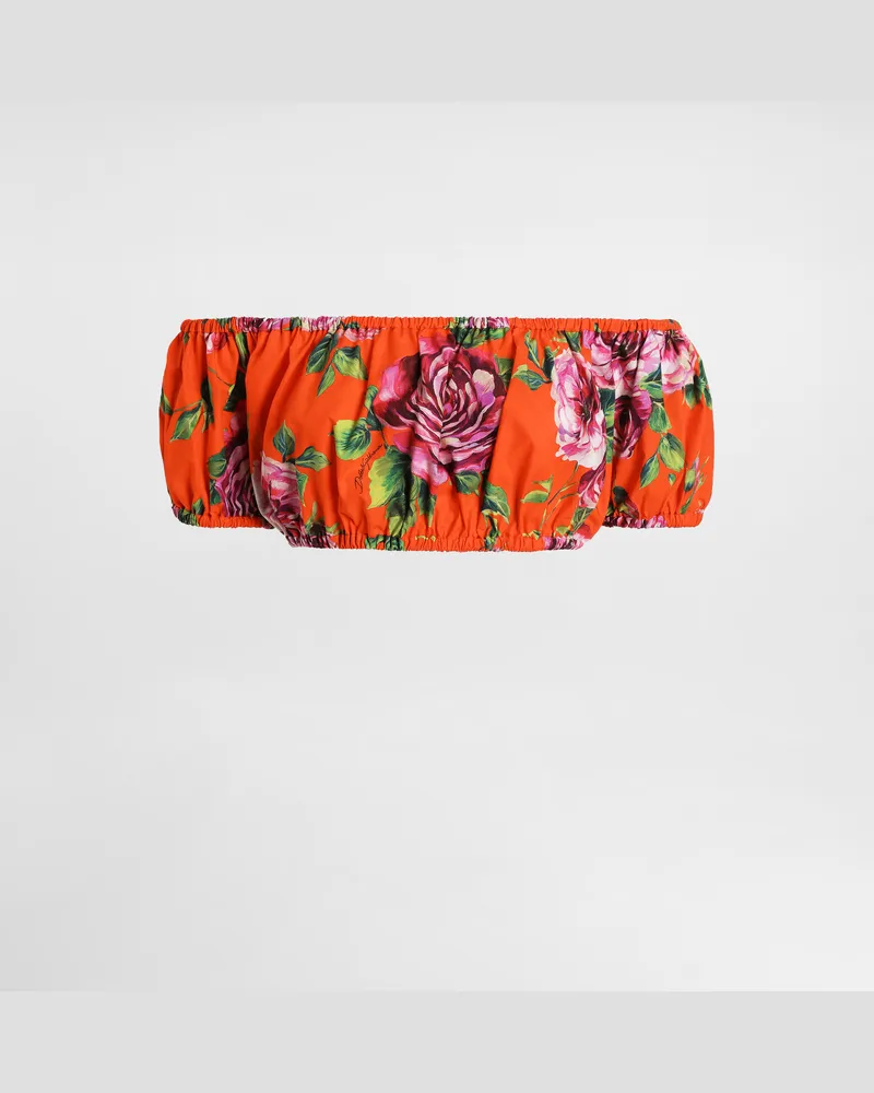 Dolce & Gabbana Top Scollo Bardot In Cotone Stampa Rose - Donna Camicie E Top Stampa Stampa