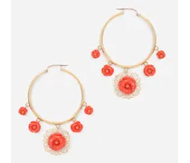 Coral Loop Earrings In Yellow 18kt Gold With Coral Roses - Donna Orecchini Oro