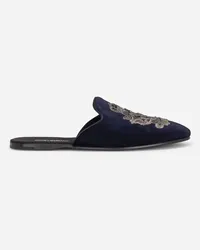 Dolce & Gabbana Velvet Slippers With Coat Of Arms Embroidery - Uomo Sandali E Slide Blu Velluto Blu