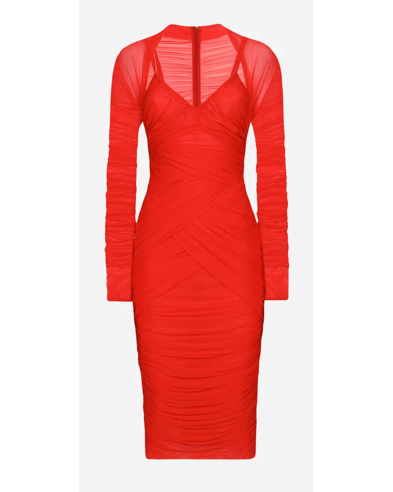 Dolce & Gabbana Abito Longuette Drappeggiato In Tulle - Donna Abiti Rosso Tulle Rosso