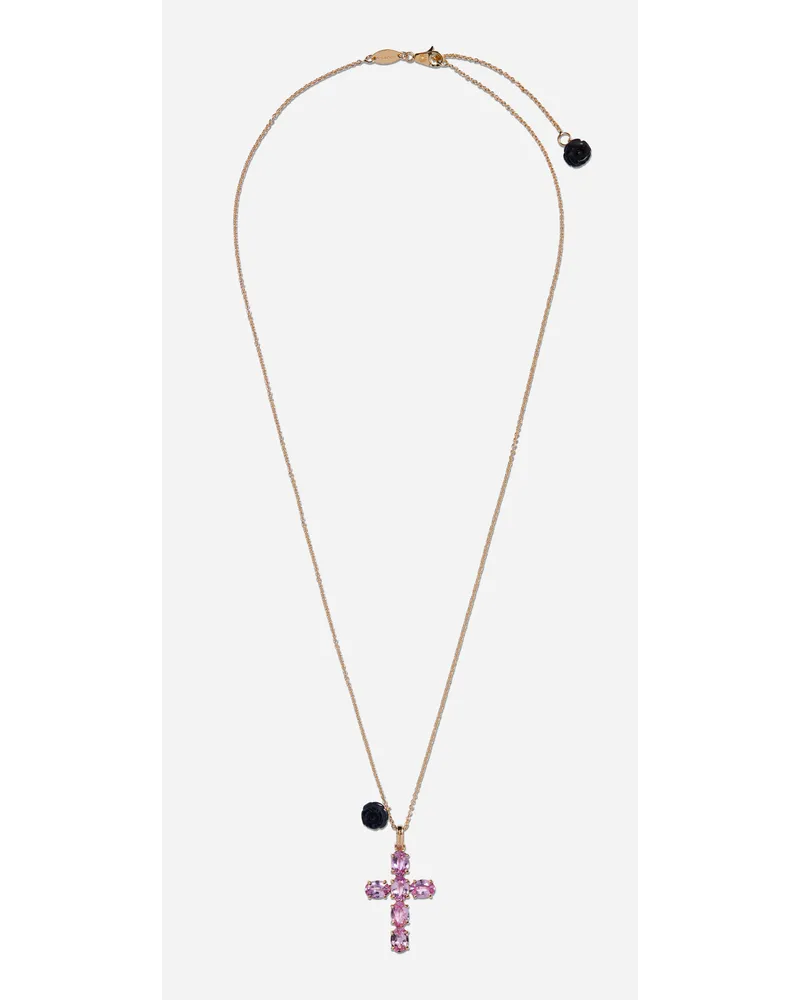 Dolce & Gabbana Family Cross And Rose Pendants On Yellow Gold Chain - Donna Collane Oro Oro