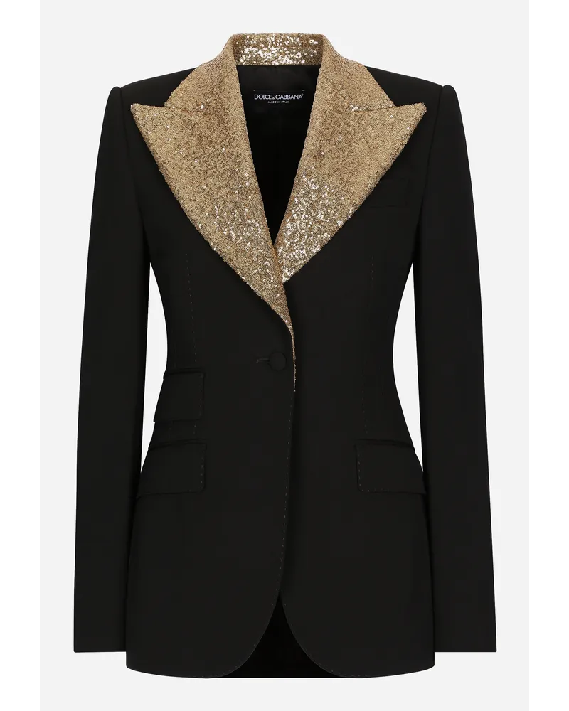Dolce & Gabbana Giacca Turlington Monopetto In Lana Con Revers In Paillettes - Donna Giacche E Blazer Nero Lana Nero