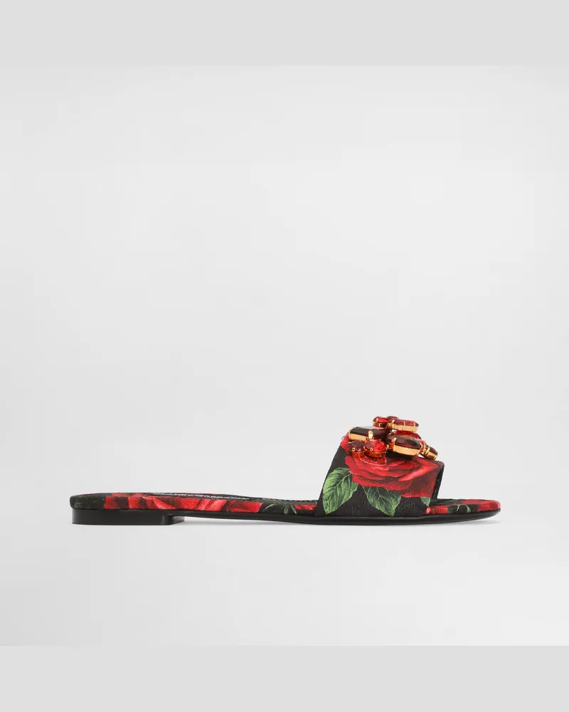 Dolce & Gabbana Ciabatta Flat In Broccato Stampa Rose - Donna Slide E Mule Multicolore Multicolore
