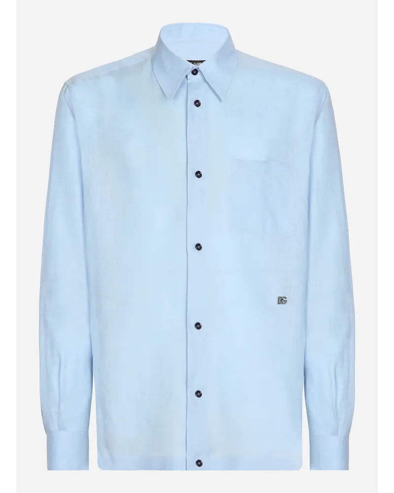 Dolce & Gabbana Camicia Hawaii Lino Con Dg Hardware - Uomo Camicie Azzurro Lino Azzurro