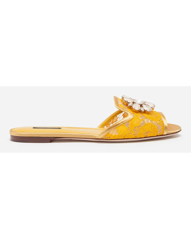 Dolce & Gabbana Slippers In Pizzo Con Cristalli - Donna Slide E Mule Senape Pizzo Senape