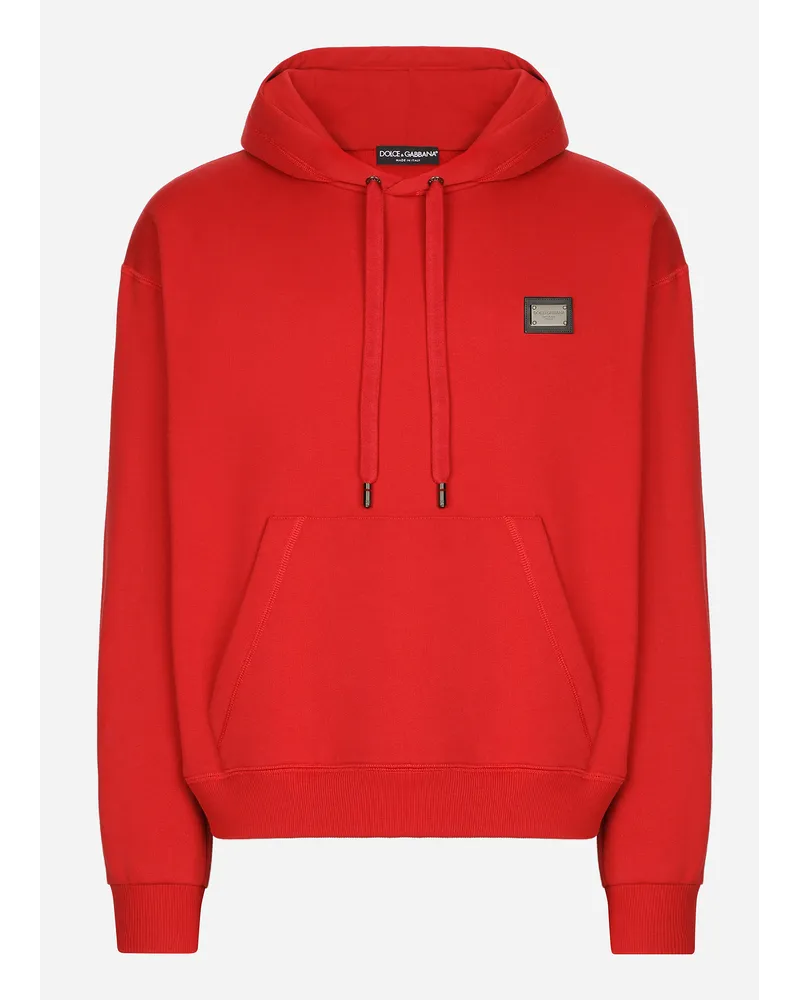 Dolce & Gabbana Felpa Jersey Con Cappuccio E Placca Logata - Uomo Felpe Rosso Cotone Rosso