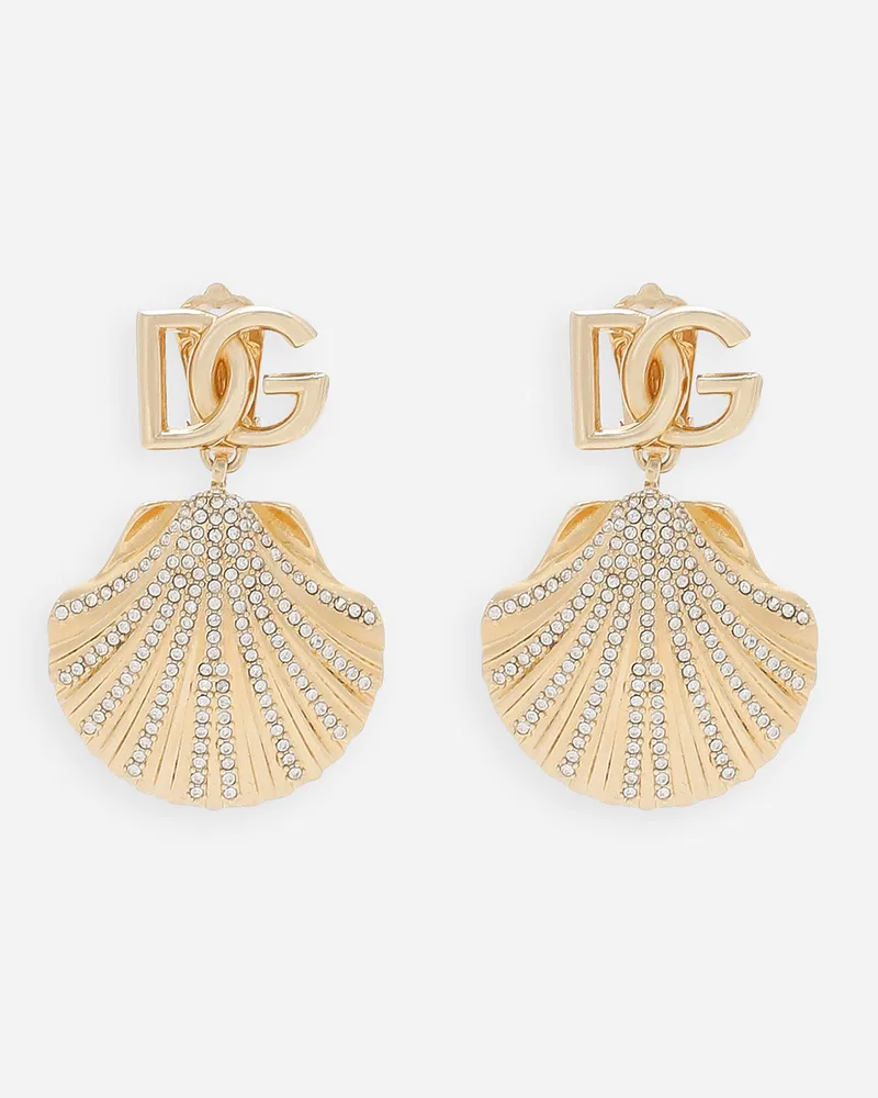 Dolce & Gabbana Orecchini Con Logo Dg E Conchiglia Decorata In Strass - Donna Bijoux Oro Metallo Oro