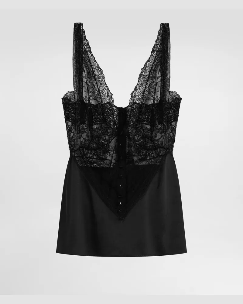 Dolce & Gabbana Top In Seta Con Inserti In Pizzo - Donna Camicie E Top Nero Seta Nero
