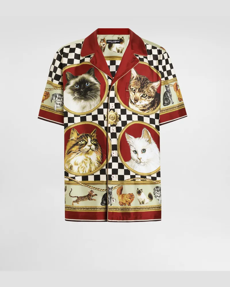 Dolce & Gabbana Camicia In Seta Con Stampa Gatti - Uomo Camicie Stampa Stampa