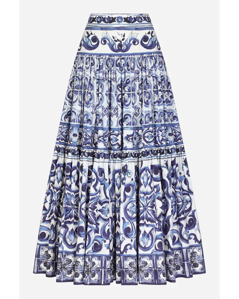 Dolce & Gabbana Gonna Lunga In Popeline Stampa Maiolica - Donna Gonne Blu Cotone Tris