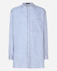 Dolce & Gabbana Camicia Over In Lino Con Collo Alla Coreana - Uomo Camicie Azzurro Azzurro