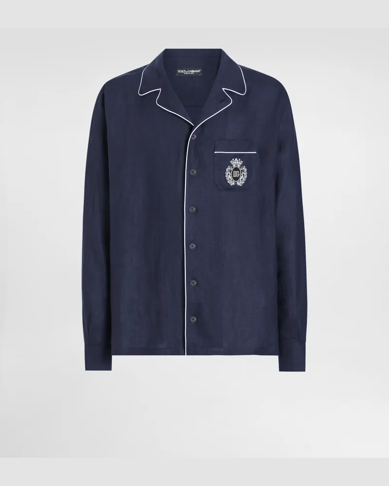 Dolce & Gabbana Camicia Vanity In Lino Con Stemma Araldico - Uomo Camicie Blu Blu