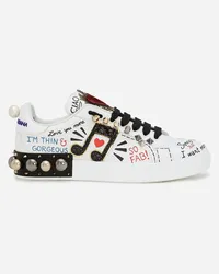 Dolce & Gabbana Sneakers Portofino In Vitello Nappato Stampato Con Patch E Ricami - Donna Sneaker Bianco Bianco