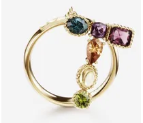 Dolce & Gabbana Rainbow Alphabet T Ring In Yellow Gold With Multicolor Fine Gems - Donna Anelli Oro Oro