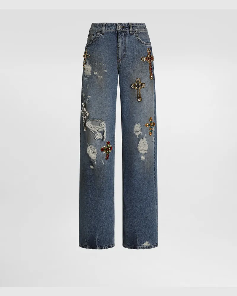 Dolce & Gabbana Pantaloni 5 Tasche In Denim Con Ricami - Donna Denim Multicolore Variante